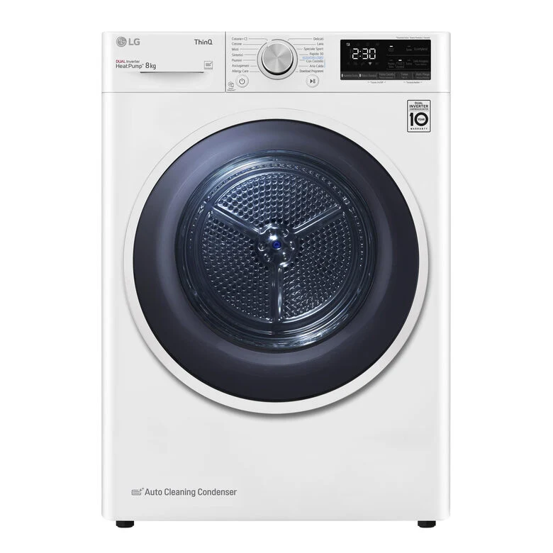 LG RH80V9AVHN Serie V9 Asciugatrice A Libera Installazione 8 Kg, Pompa Di Calore, Dual Inverter, Eco Hybrid, Condensatore Autopulente, Wi-Fi, Classe C, Bianco